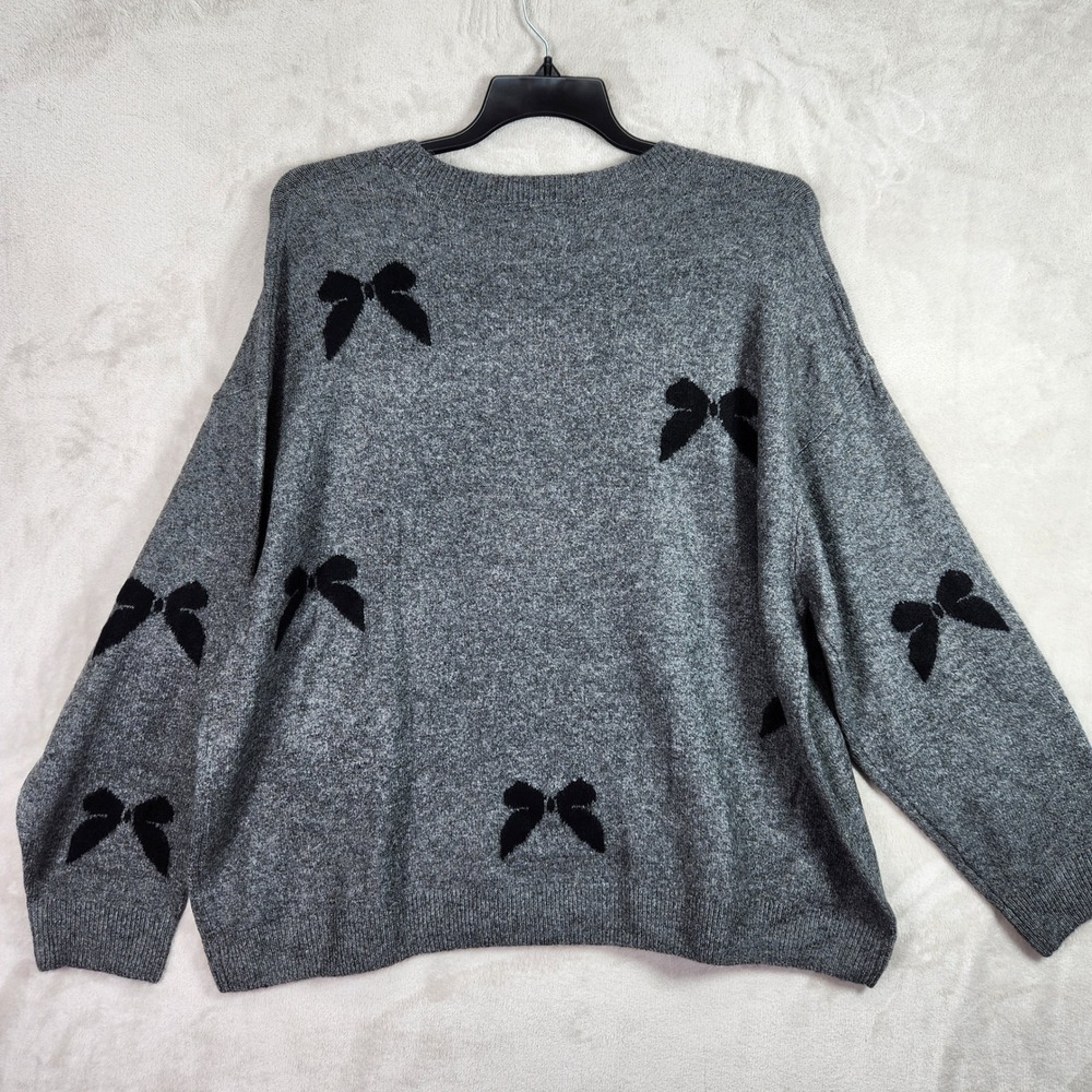CeCe Bow Sweater Womens 2X Grey Velvet Bow Accents Coquette Chic Cottagecore New - Picture 2 of 9